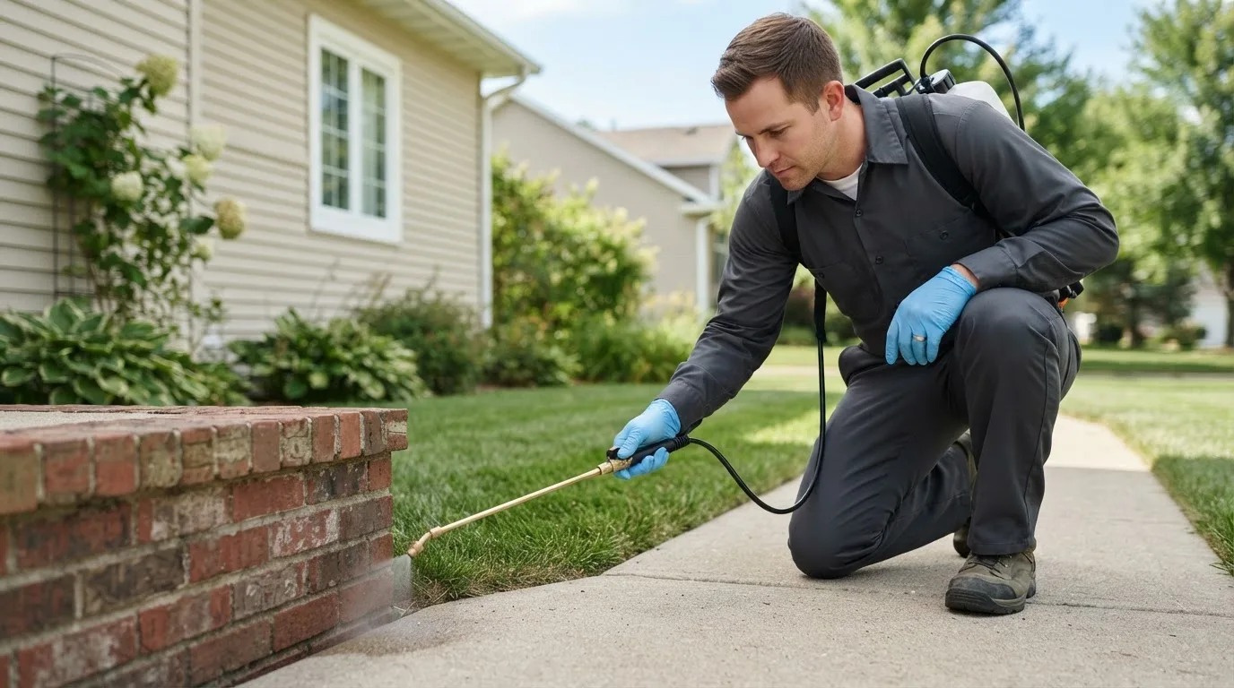 Pest control technician treating a home near Clarence, NY