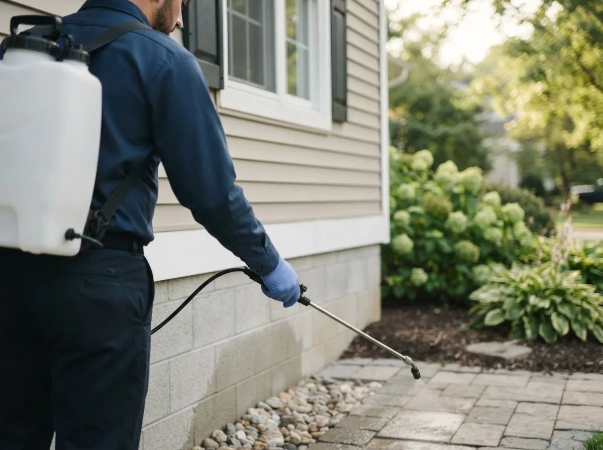 Pest control technician inspecting a home in Clarence, NY